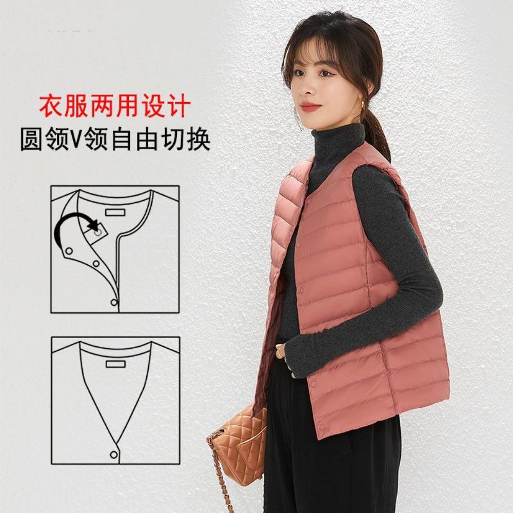 Women's V‑Neck Sleeveless White Duck Down Vest Regular Fit Commuter Layering Gilet
