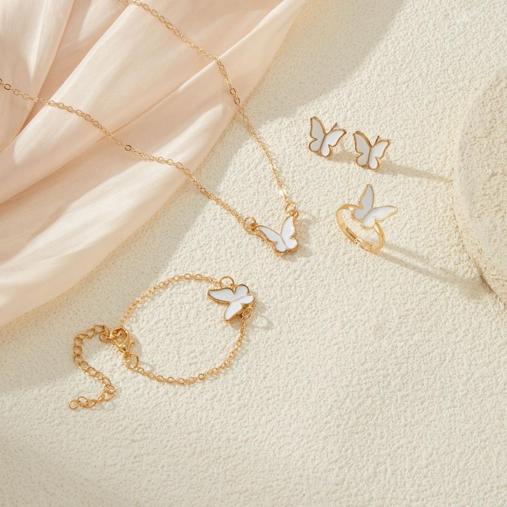 

Butterfly White Exquisite Drip Glaze Ear Studs With Trendy Necklace And Bracelet Set For Women White Set