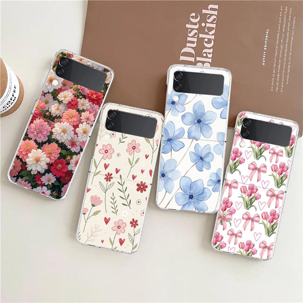 Transparent Phone Case For Samsung Galaxy Z Flip 3 4 5 6 7 Hard Folding PC Z Flip3 Flip4 Cover Soft Pale Little Flower