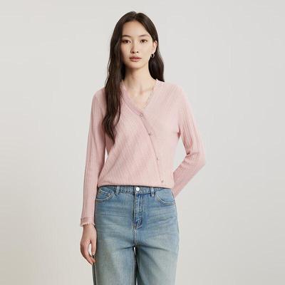 Ge Jin Damen Frühling/Herbst Lässiges Slim-Fit Strickoberteil mit diagonalen Knöpfen und langen Ärmeln