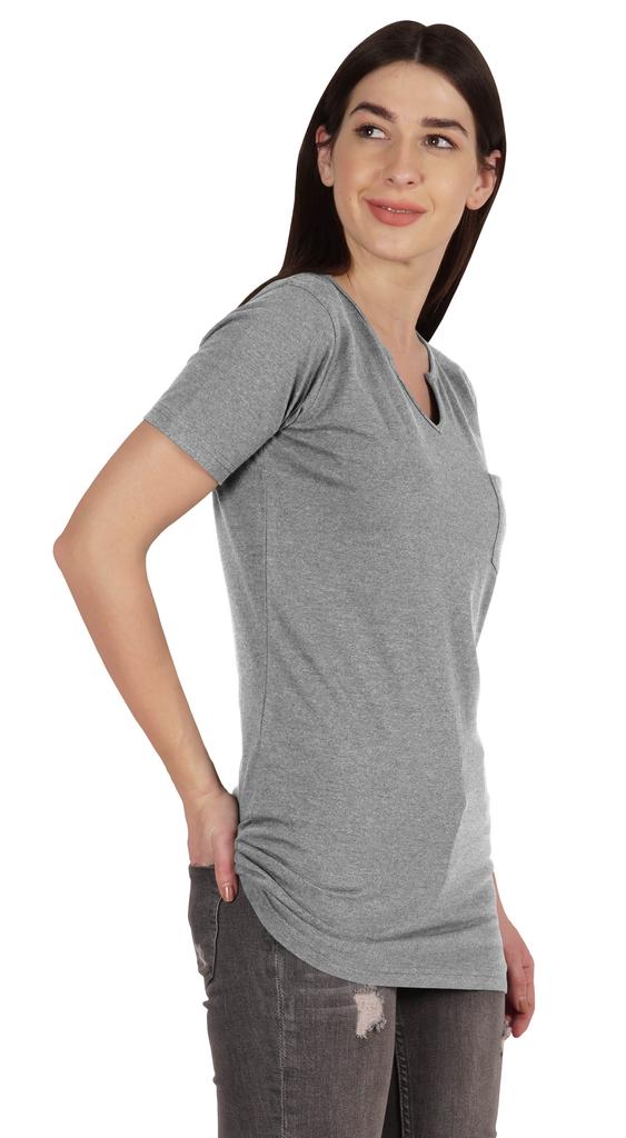 Inkmeso Long Length Notch Neck Top For Women Basic Cotton Tee Shirt w  Pocket Patch Legging