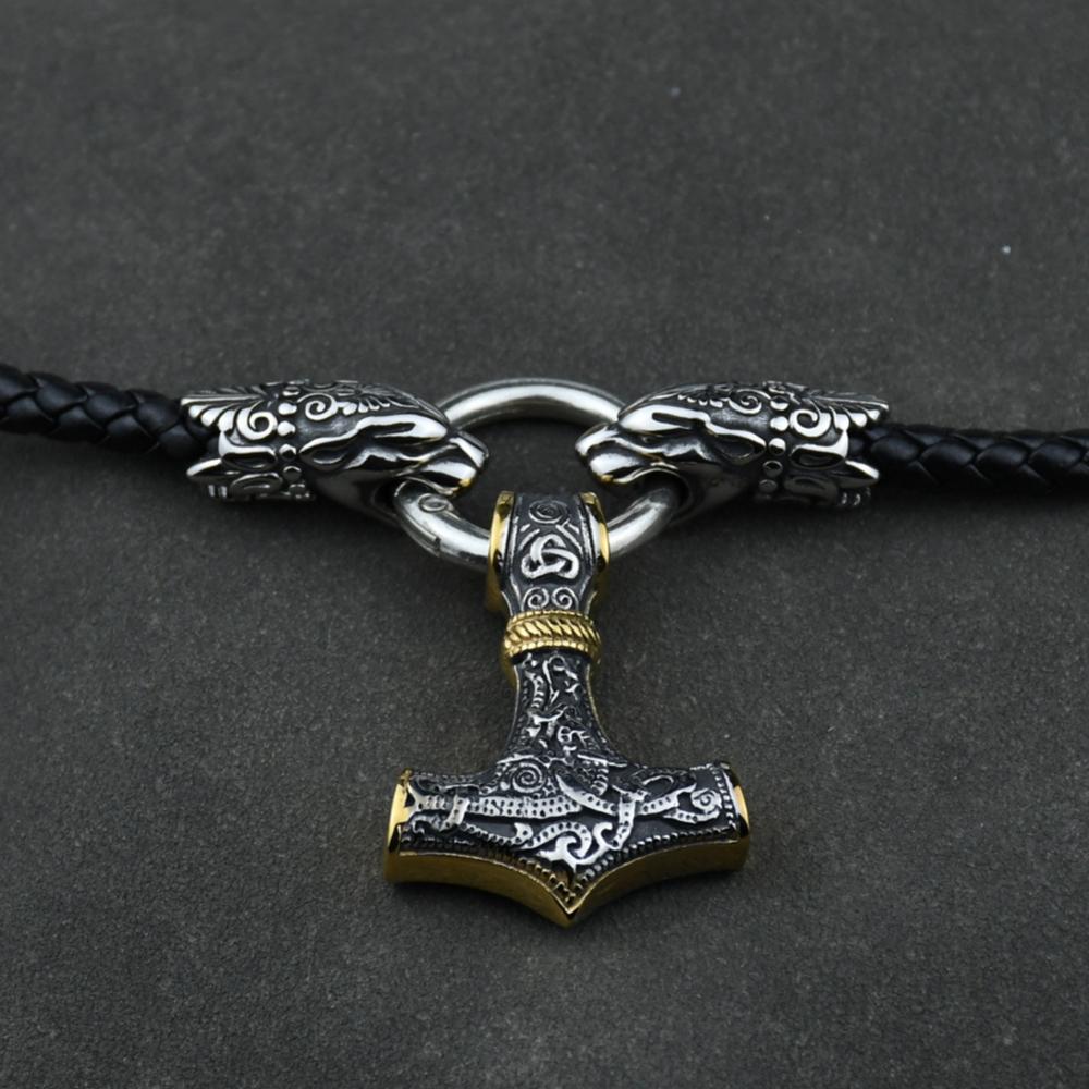 Men stainless steel Wolf head Norse Viking amulet Thor hammer pendant necklace with leather chain