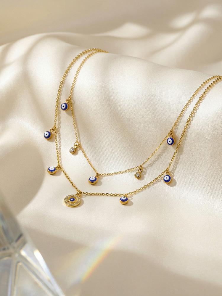 Stainless Steel Blue Evil Eye Necklace, Dainty Cubic Zirconia Devil's Eye Pendant Choker Necklace for Women Fashion Gift