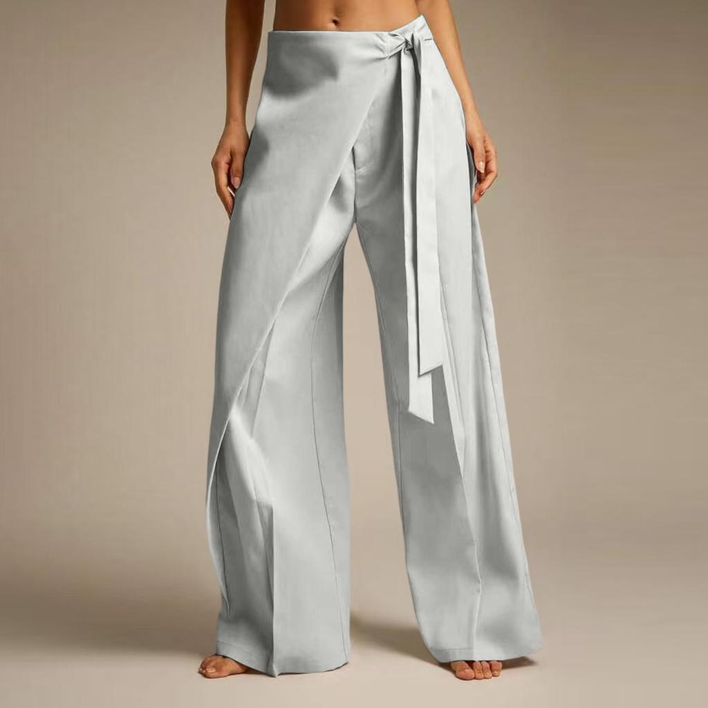 Women Casual Wide Leg Pants with Draped Overlay and Waist Tie Elegant Loose Fit Lightweight Fabric Suitable for Office and Daily Wear