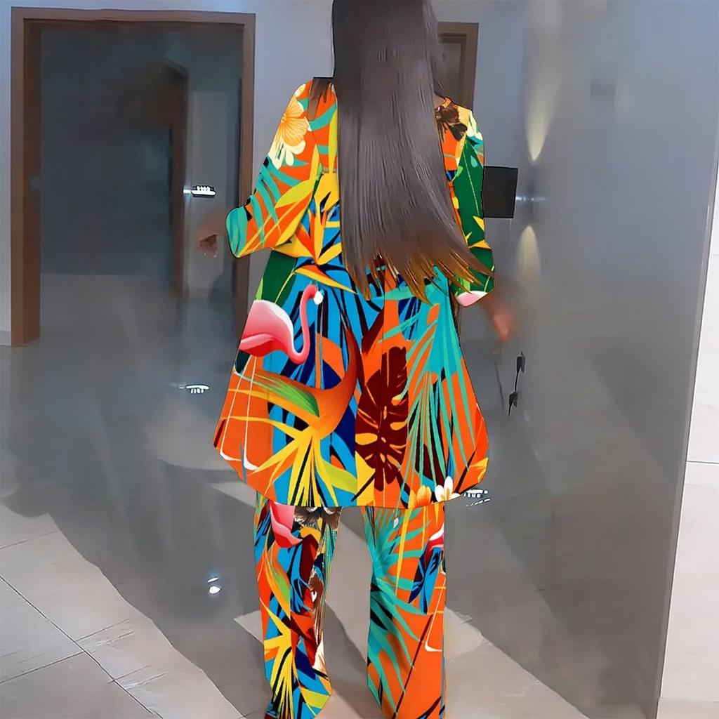 Women Plus Size Three Quarter Sleeve Round Neck Irregular Hem Printed Top Wide Leg Pants Two Piece Set