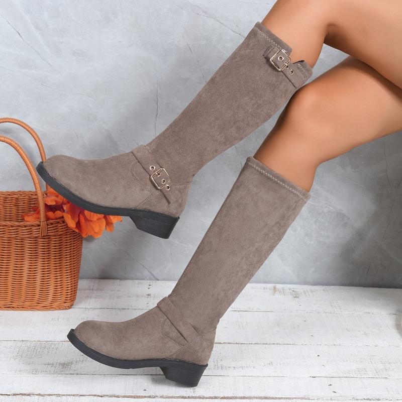 Scrub Fleece Block Heel High Boots Fashion Round Toe Sleeve Soft Sole Belt Buckle Non-slip Cotton Shoes