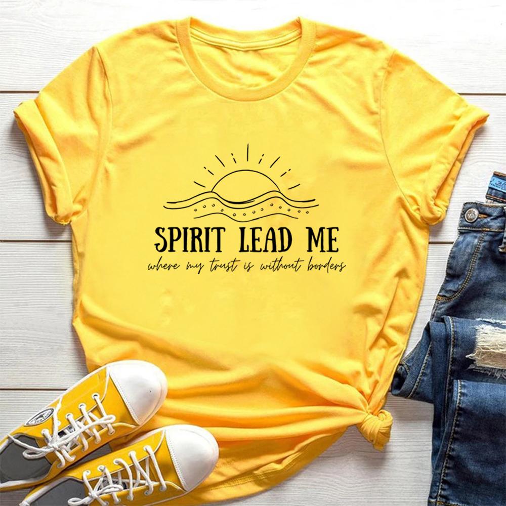 

Christian T Shirt Faith TShirts Jesus Retro Shirt Boho Minimalist Inspirational Quotes Saying Spirit Lead Me Sun Waves Tees 4XL