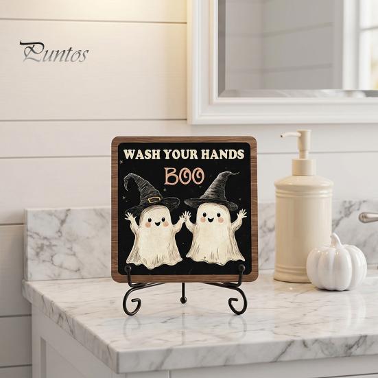 Autumn Festive Decor Halloween Wooden Table Sign, Cute Ghost Boo Plaque Sign with Rustic Fall Bathroom Metal Stand for Indoor Desk Shelf Home