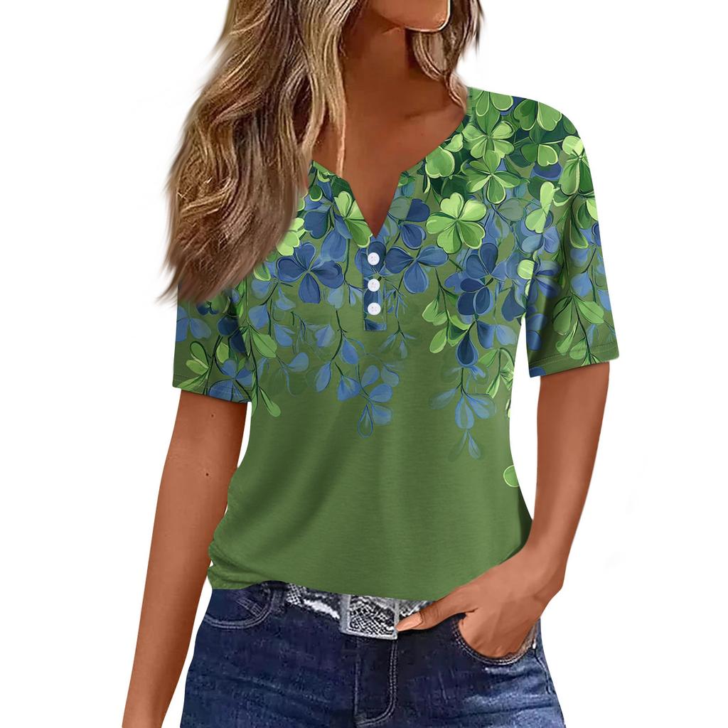 Women's T Shirt Tee Print Button Short Sleeve Daily Weekend Fashion Basic V- Neck Regular Top  St. Patrick's Day