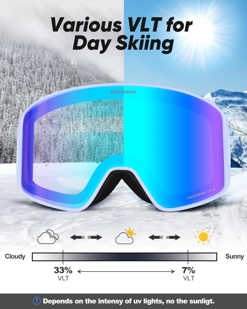 Odoland Photochrome Schneebrille mit Spiegel OTG Brille UV400 Automatisch Stoßfest Erwachsenengröße Farbwechselnde Gläser, Beschlagschutz, Kompatibel, Schutz,