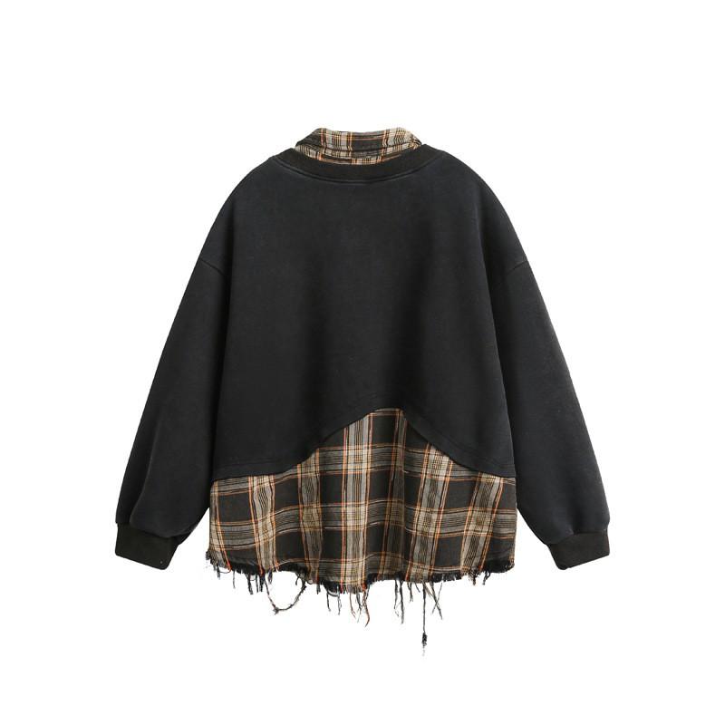 Unisex Oversized Plaid Patchwork Distressed Turn-Down Collar Hoodie Fall Casual Streetwear