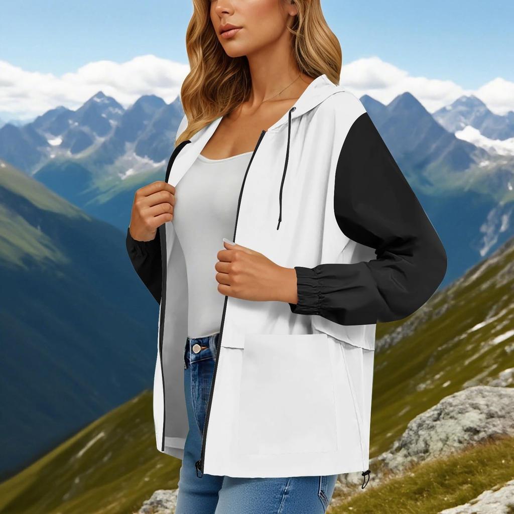 Women's Fashionable Color Blocked Long Sleeved Hooded Zipper Pocket Outdoor Sports Jacket