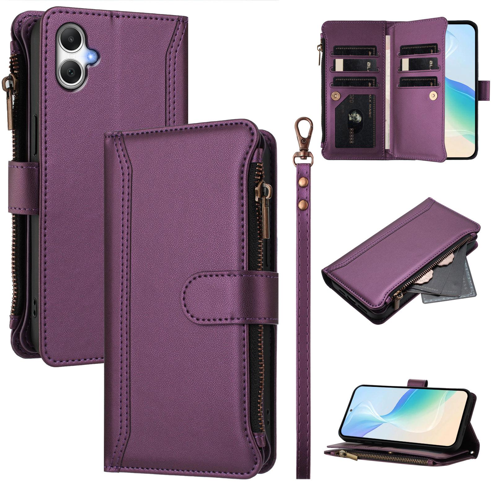 

For Samsung Galaxy F05/Galaxy M05 4G/Galaxy A05 4G Leather Case 9 Card Slots Zipper Wallet Stand Phone Cover with Wrist Strap Purple