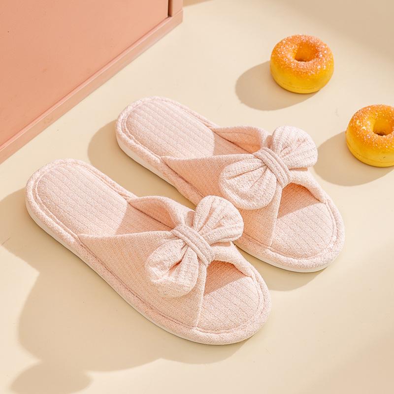 Elegant Hairy Slippers Bow Knitted Cotton Home Slippers Cute Girls Open-toe Couple Sandals Slippers Female Home Shoes Slippers Pink