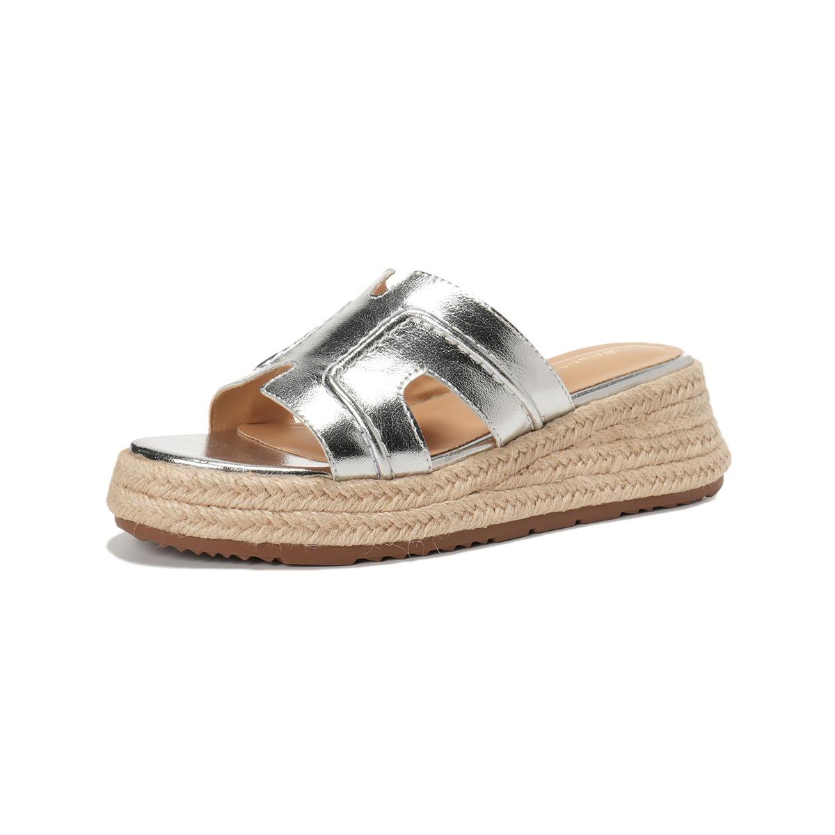 

Fairy style temperament, small person increases height by 6cm with one pedal, beach vacation sandals, thick-soled slope heel, cool slippers, female 41 серебряный