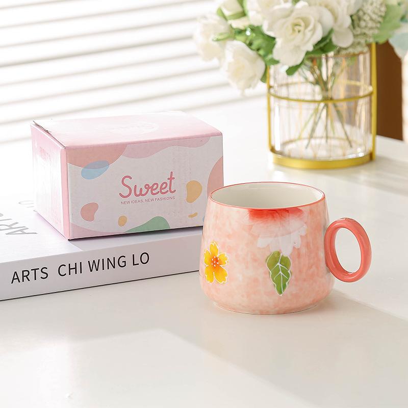 Creative Mug Japanese Hand Painted Embossed Ceramic Mug  Household Breakfast Mug  Couple Water Cup  High Value Coffee Mug