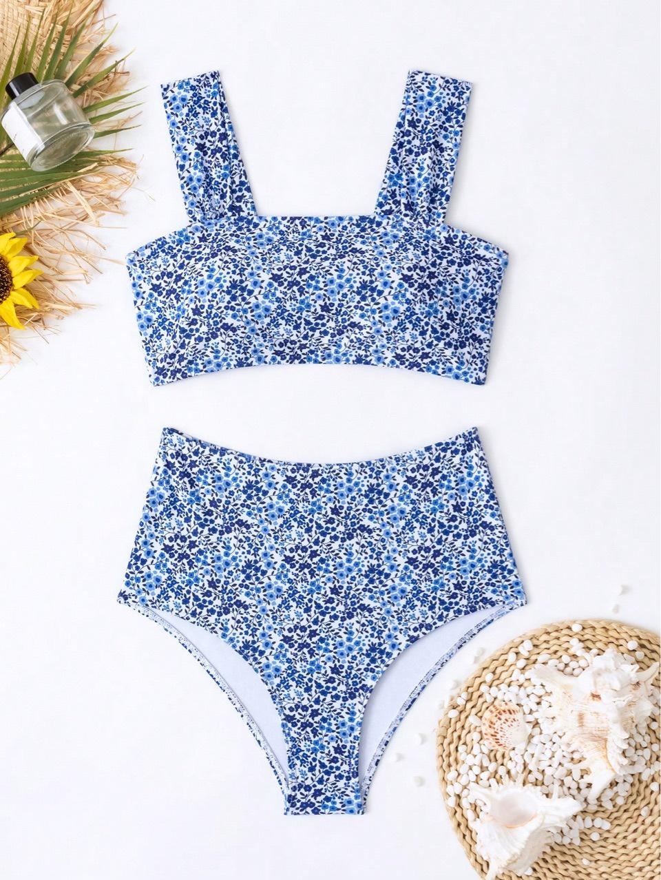 

Европейско-американский цветочный купальник бикини с широкими бретелями - Женский корректирующий раздельный купальник Medium цветочный/синий