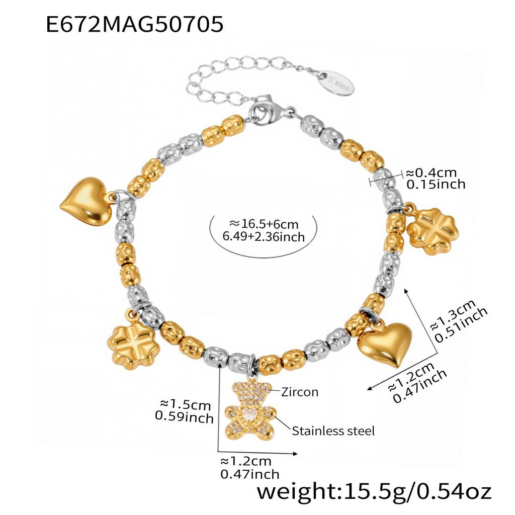 Heart Bear Charms Bracelet In Stainless Steel 18k Gold Plated Waterproof Non Tarnish Chain Bracelets With Pendants For Women