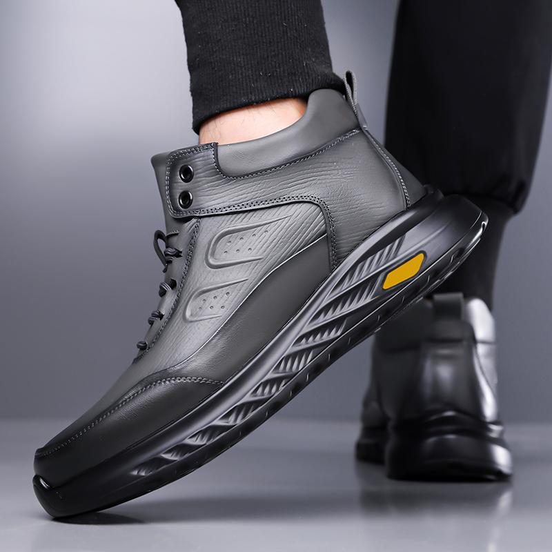 Winter Men's Casual Cotton Shoes High-top Outdoor Heavy Warm Heat-locking Cotton Leather Shoes Lace Up Warm Plush Ankle Boots