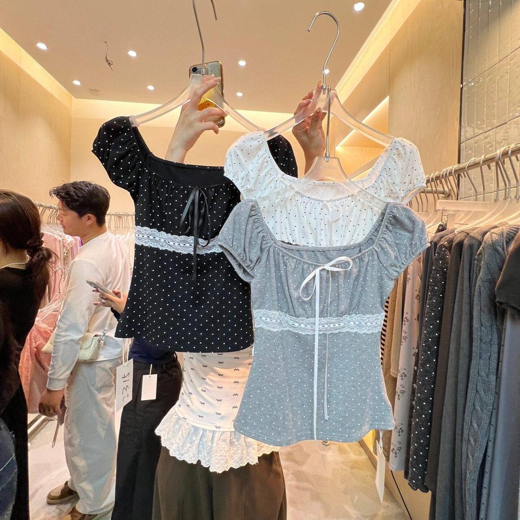 Spring and Summer New Pure Desire Sweet Wind Lace Splicing Polka Dot Square Neck Short-sleeved T-shirt Women's Strap Slim Top