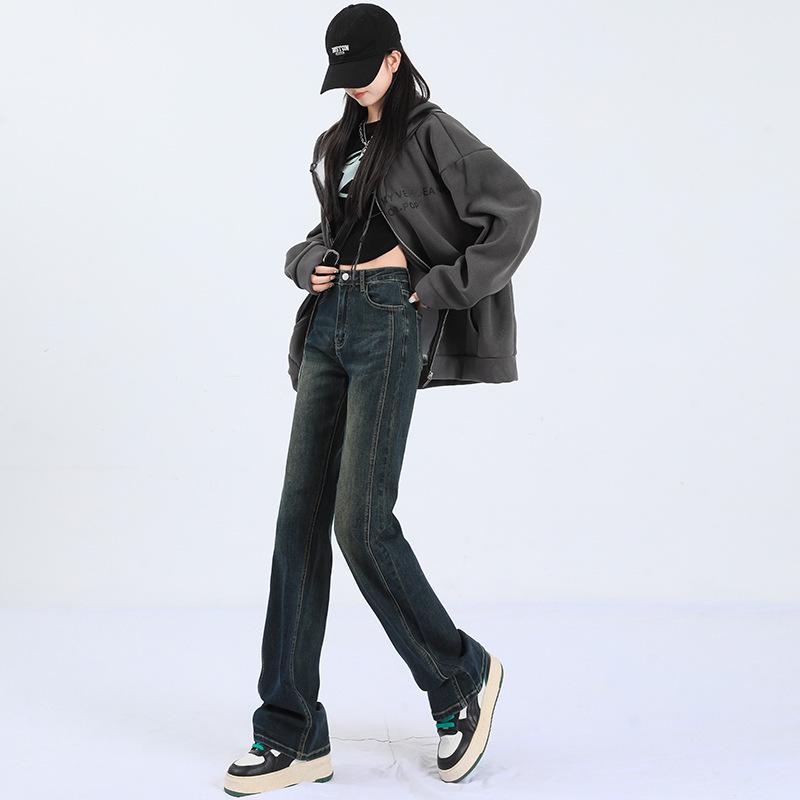 Women's 2025 Retro Blue Patchwork High-Waist Straight-Leg Jeans