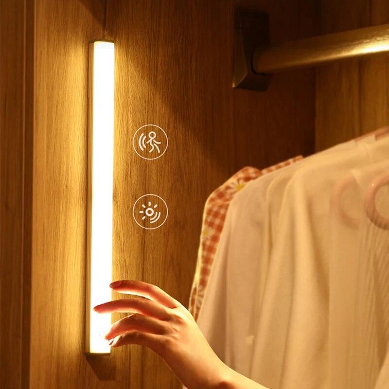 LED Motion Sensor Light Wireless Rechargeable Strip Night Light Magnetic Mount Smart Closet Cabinet Lighting