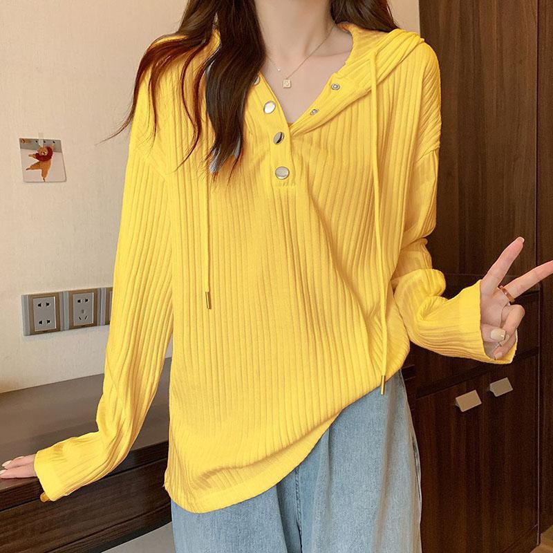 Plus Size T-skjorte Kvinner Hette Høst Kvinner Liten knapp V-hals Langermet bunnskjorte Hundre Loose Casual Topper