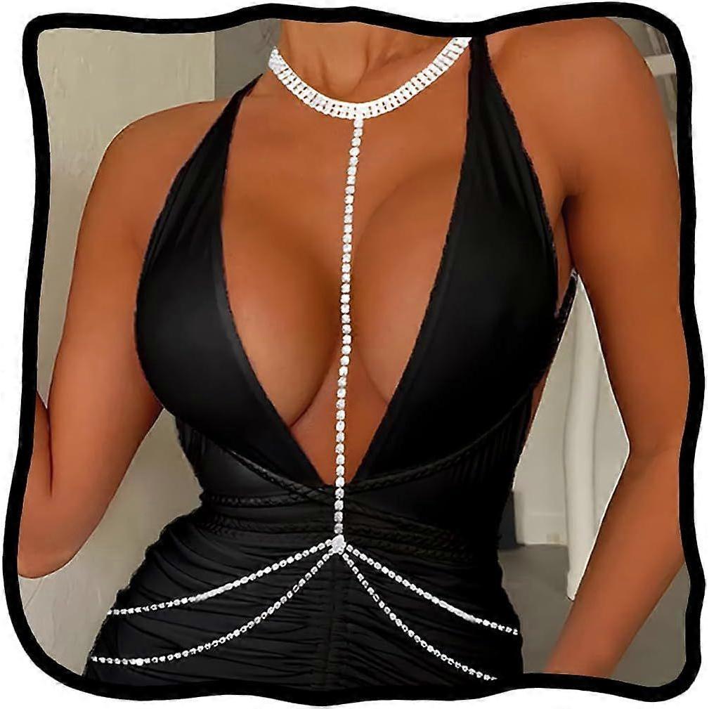 Sparkly Rhinestone Bra Chain Silver Chest Chains Y Bikini Body Chain Jewelry for