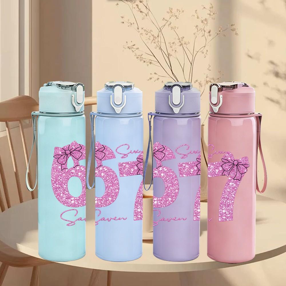 1PC Pink Glitter Number 67 Girly Print 750ml Color Plastic Sports Water Bottle Leakproof Flip Straw Lid Suitable for Sports Office Home Use