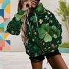 Women Plus Size Long Sleeve Dark Green Clover Printed Drawstring Hoodie Kangaroo Pocket Pullover