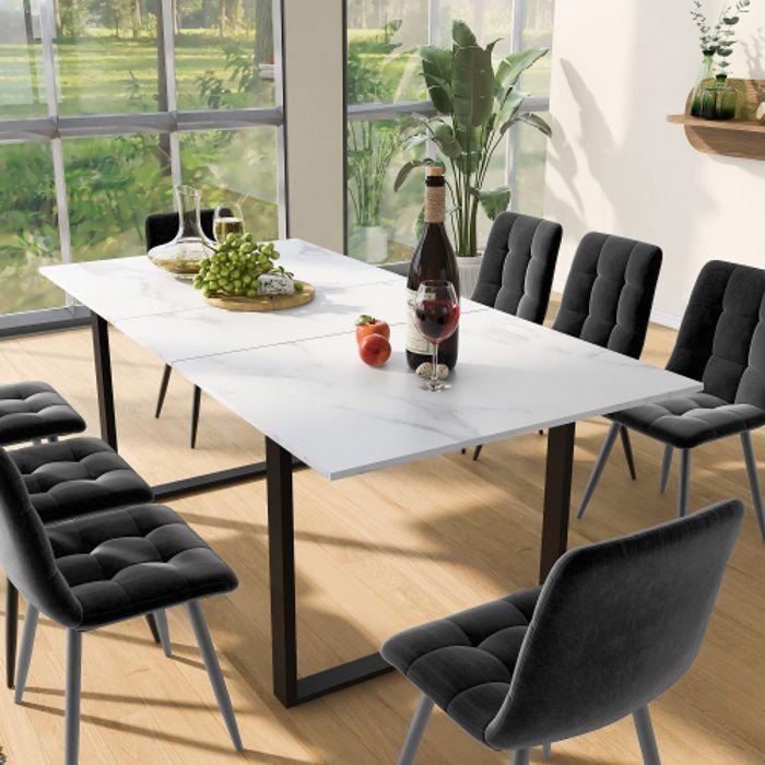 Dining Room Set - Folding Table 140/180x80 Cm - 8 Chairs - Modern Design - White Color