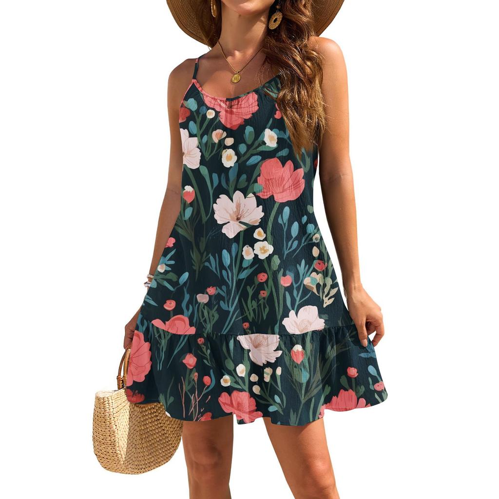 Women's Dresses Sleeveless Loose Casual Floral Print Hem Pleated Beach Dresses