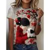 Short-sleeved T-shirt Featuring an Art-inspired Design of Cute Pets and Plum Blossoms.