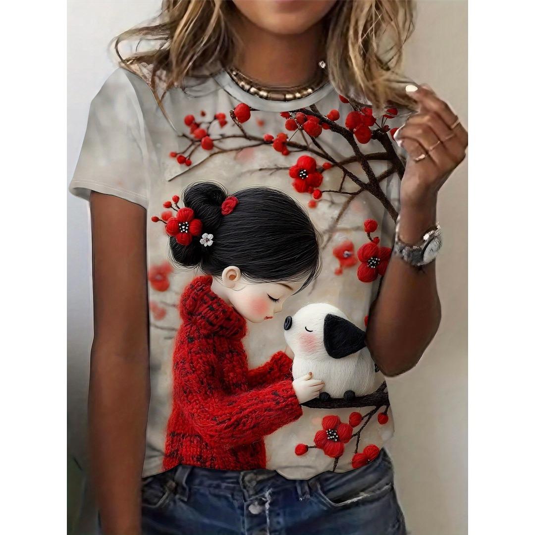 

Short-sleeved T-shirt featuring an art-inspired design of cute pets and plum blossoms. XL