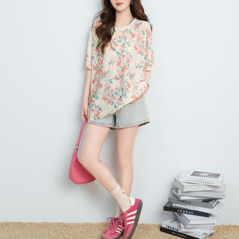 DIMANAF 2026 Plus Size Summer Beach Women T-Shirts Casual Lady Tops Tunic Tees Shirt Oversize Loose Floral Print Knitted