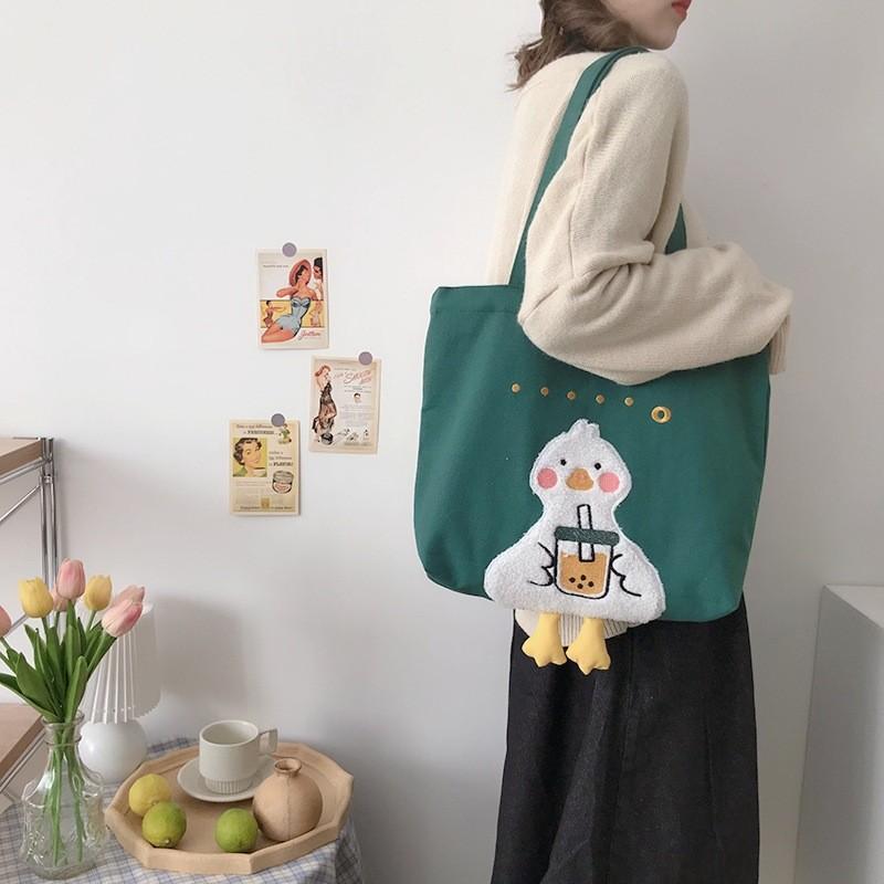 

Duck Embroidered Canvas Bag For Casual Travel And Daily Use Tea Green