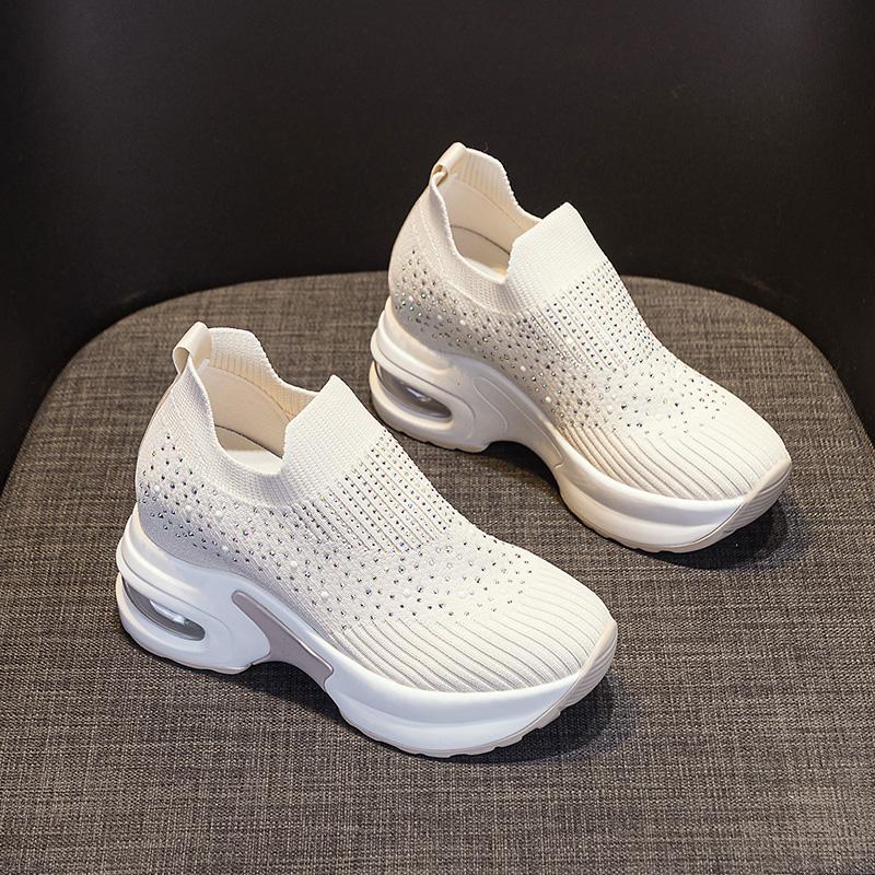 Fashion 8cm Air Mesh Platform Sneakers Wedge Crystal Shoes White Black Height Increased High Heel for Women Slip on Shoes Vulcanized New
