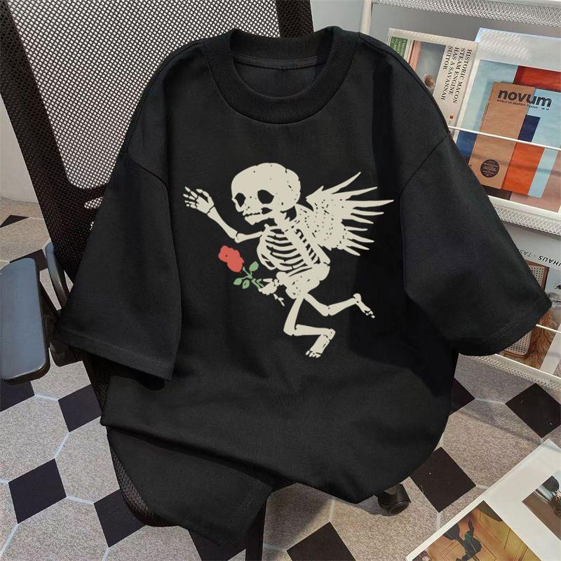 

Heavy Cotton European and American Trendy Brand High Street Retro Skull Print Shortsleeved Tshirt Womens Loose Summer Ins S