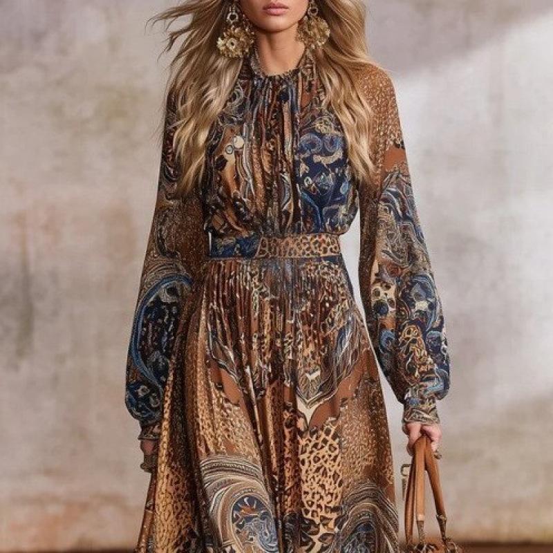 European and American new bohemian print large skirt with lantern sleeves and thin long-sleeved dress