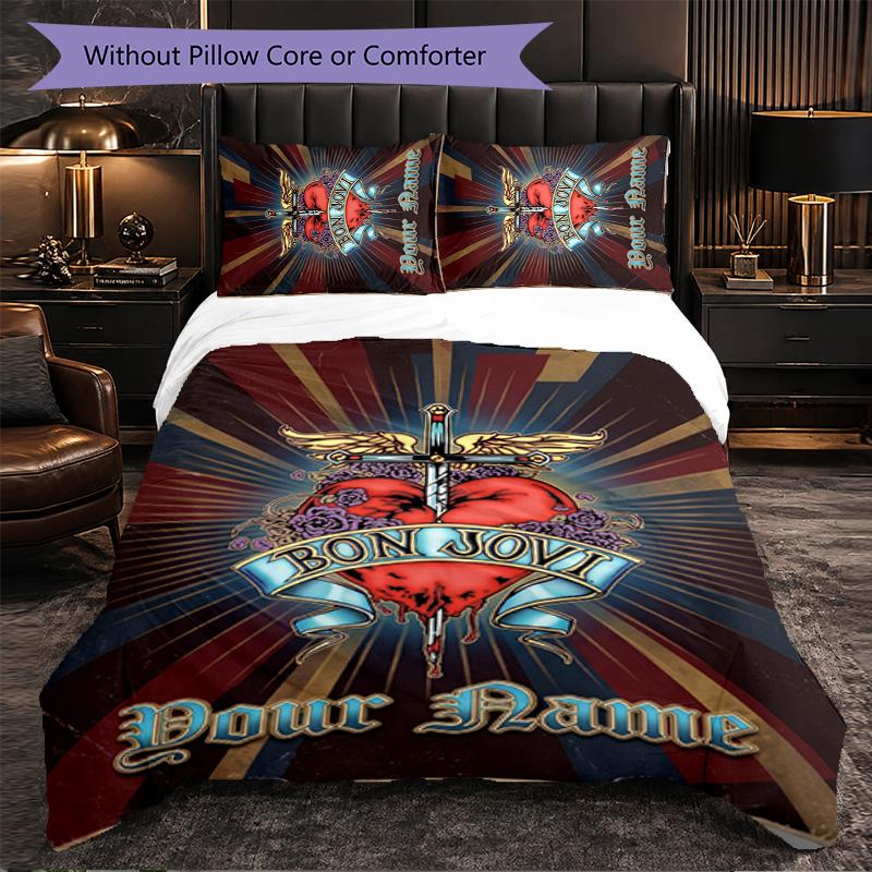Set Biancheria da Letto Personalizzato con Testo Nome Bon Jovi, 1 Copripiumino & 2 Federe Regalo Personalizzato per Camera da Letto