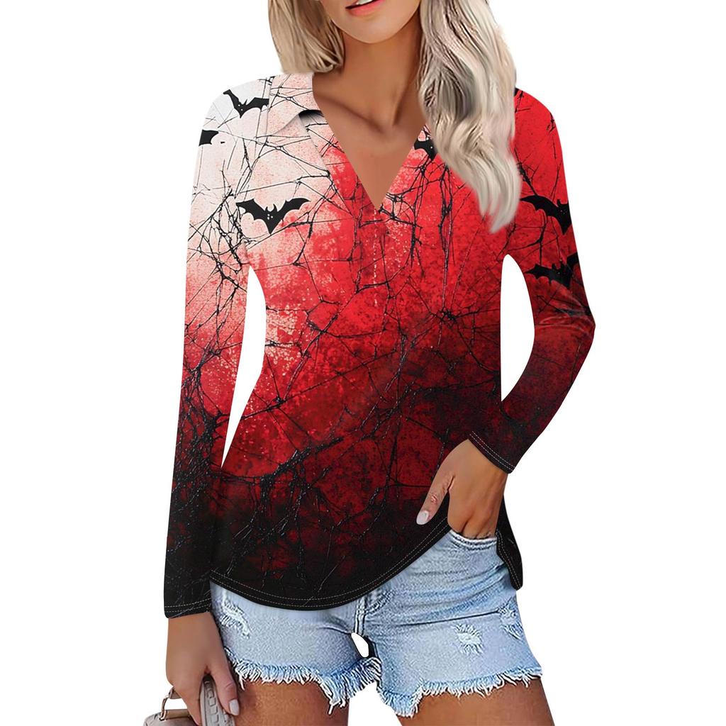 Dámská letní móda ležérní košile s potištěným výstřihem do V s dlouhým rukávem