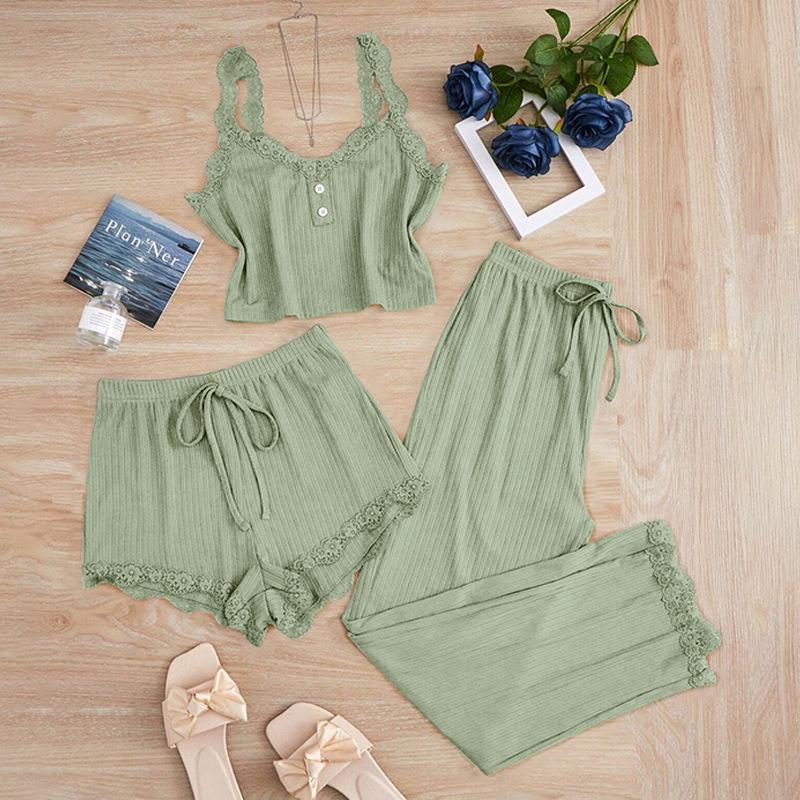 European and American summer women's new lace lace pit strip vest trousers pajamas outer wear slim three-piece set