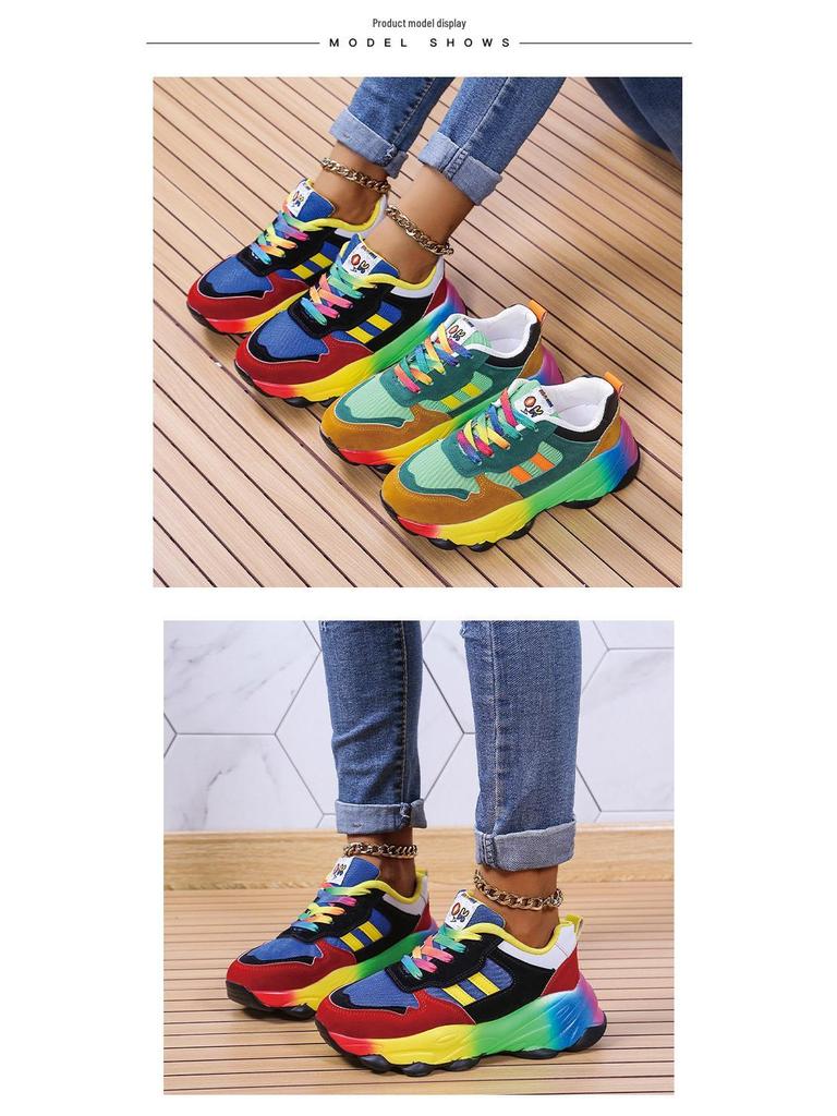 Large Size Women's Lace-Up Breathable Casual Shoes with Rainbow Sole