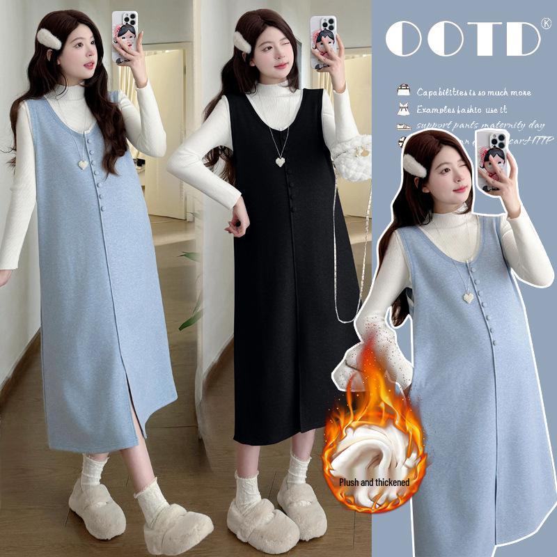 Maternity Winter Woolen Dress Set with Fleece: 2025 French-Style Warm Vest Dress Large