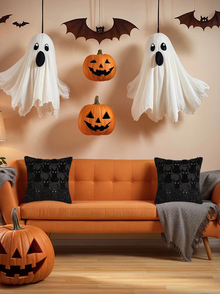 Halloween Katze Dekokissenbezug Waschbar Plüsch Jacquard Kissenbezug Lustiger Kätzchen-Druck Kissenbezug für Veranda Terrasse Wohnung