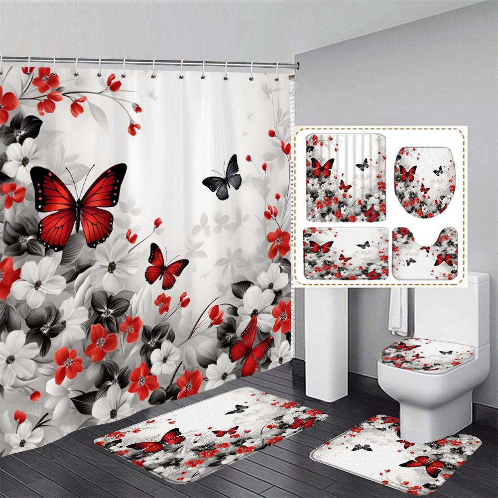 Floral Blue Butterfly Shower Curtain Set Purple Flowers Plant Butterflies Pattern Home Bathroom Decor Bath Mats Toilet Lid Cover