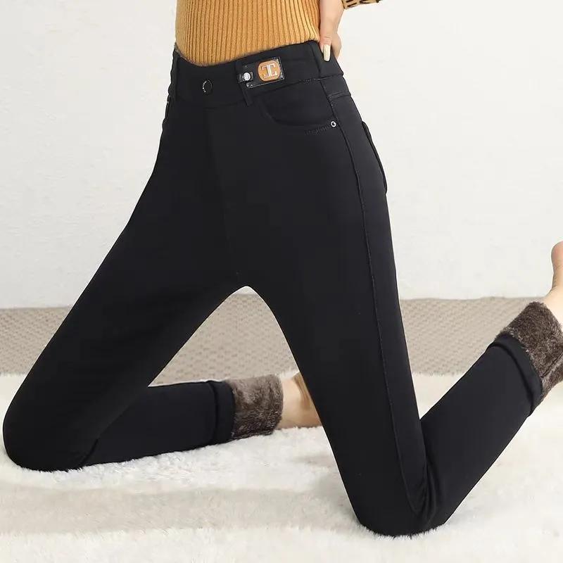 Lamb Fleece Feet Pants Women's Autumn and Winter High-waist Stretch Tight-fitting Thin Black Bottoming Warm Denim Warm Cotton Pants Women