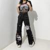 2023 Spring/Summer Chic European-American Print Metal Buckle Denim Draping Pants