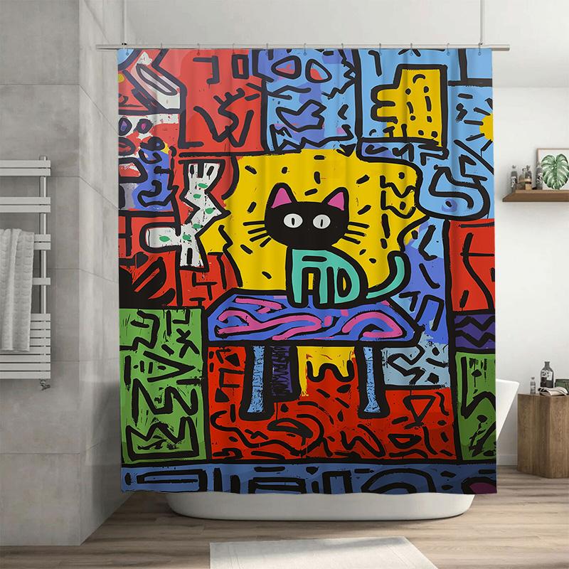 

Brightly Colored Graffiti Shower Curtain featuring Abstract Cat Design Modern Bathroom Decor for Home Bath Remodels 90x180cm