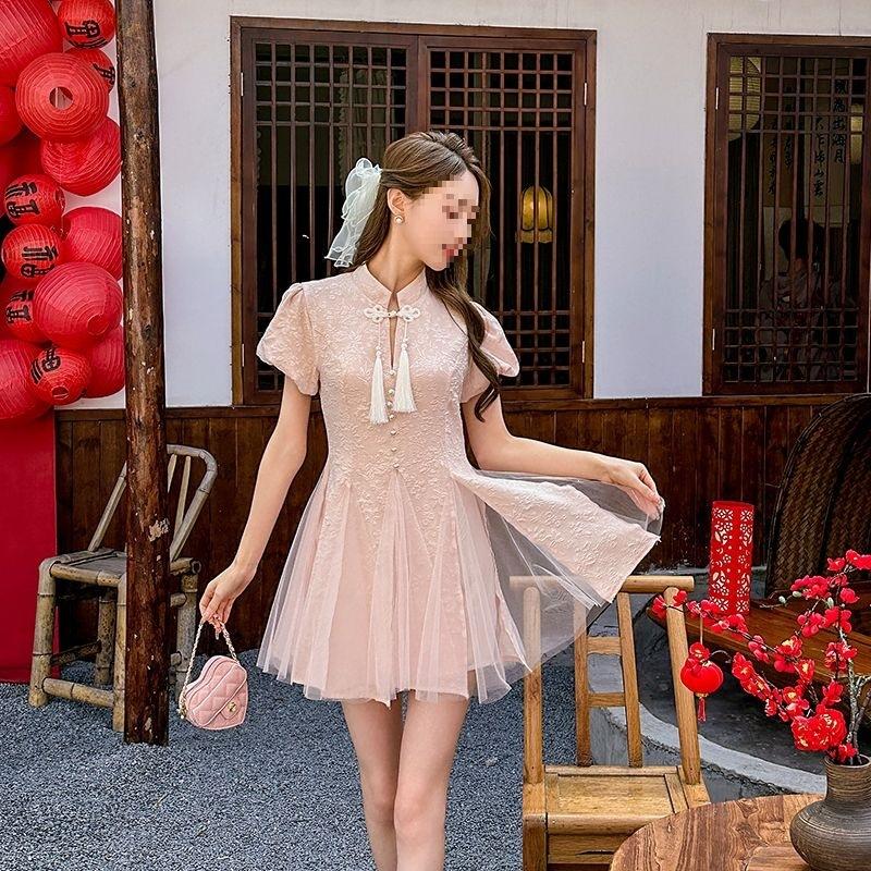 New Chinese national style improved cheongsam short-sleeved dress children's summer high-end temperament waist fairy tutu skirt